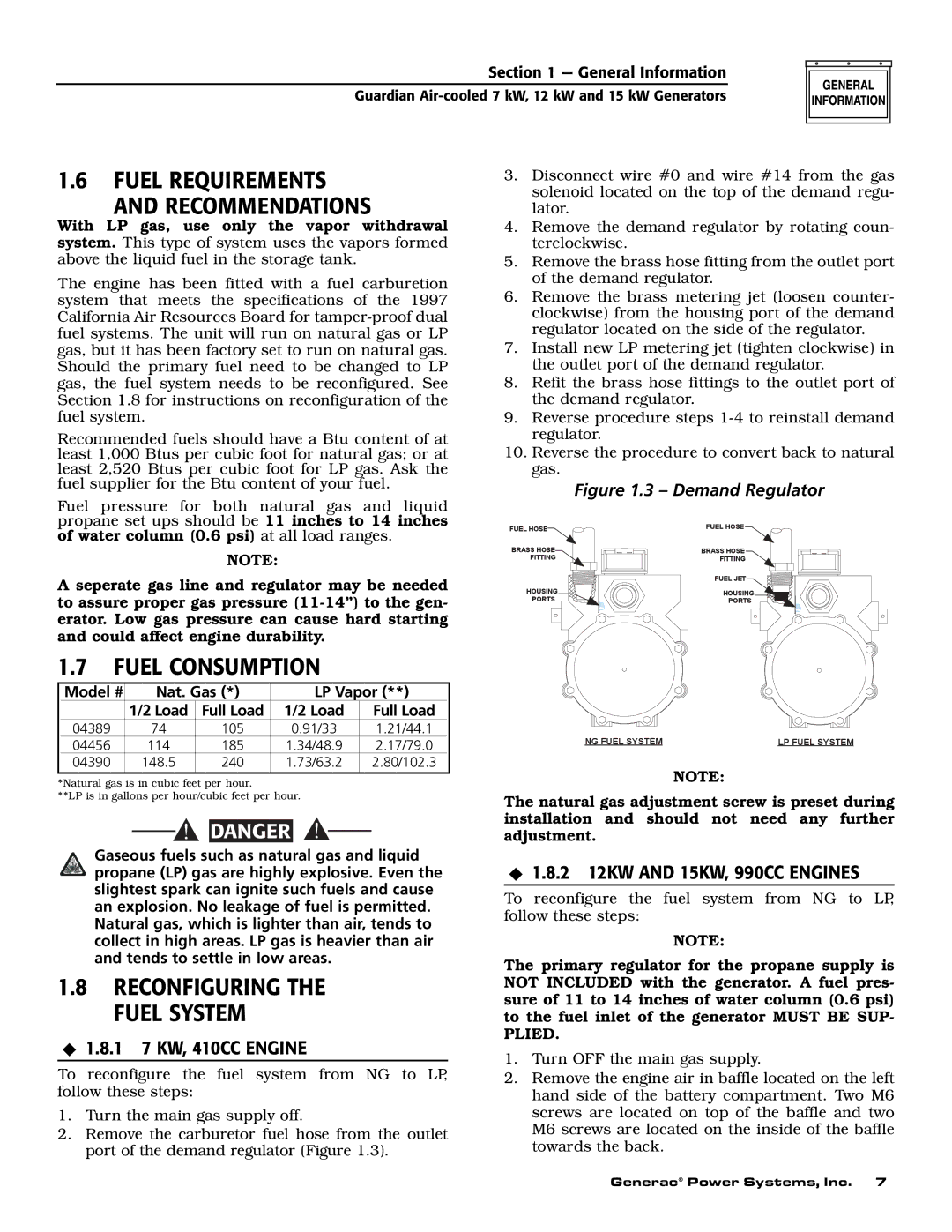 Generac Power Systems 04389-1, 04456-1, 04390-1 Fuel Requirements Recommendations, Fuel Consumption, 1 7 KW, 410CC Engine 