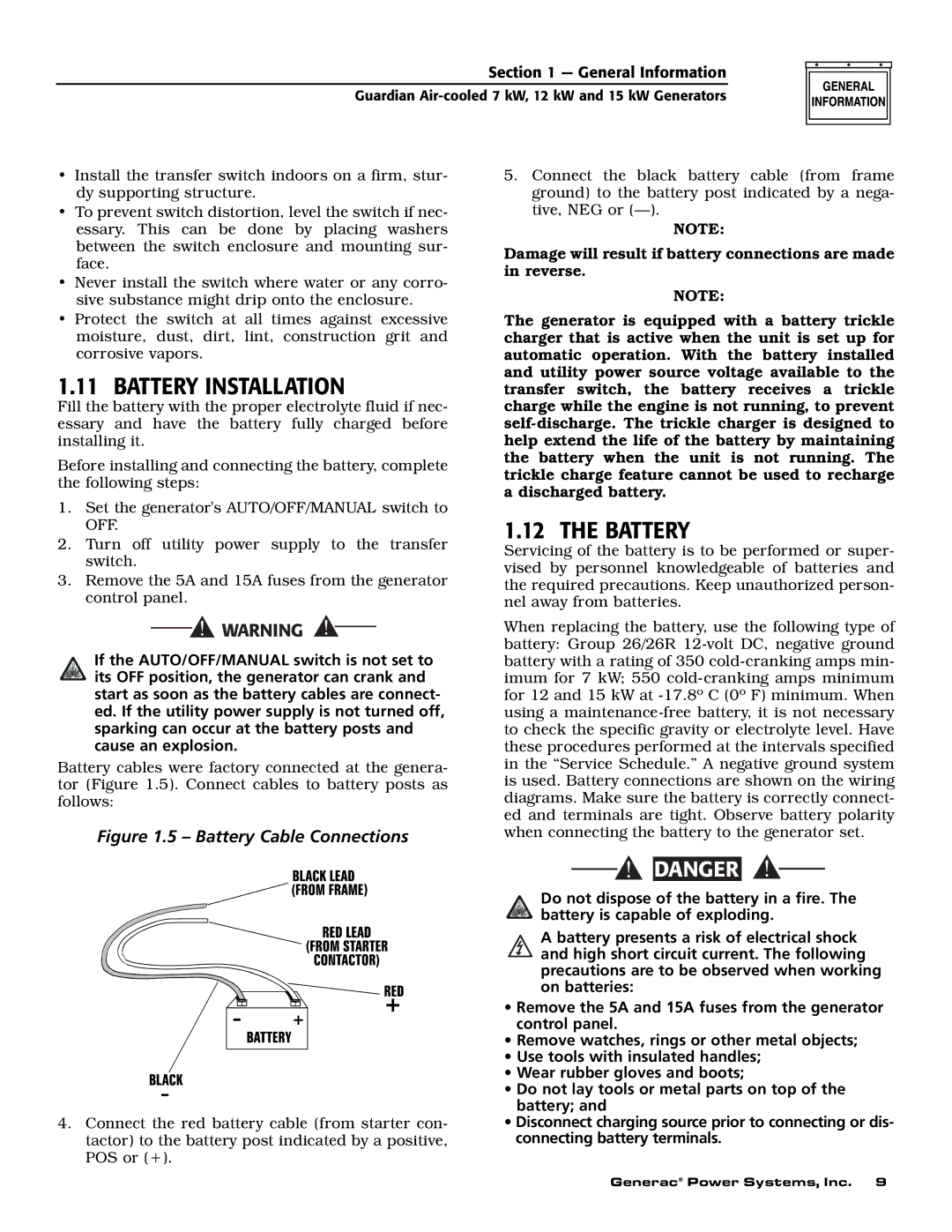 Generac Power Systems 04389-2, 04456-2, 04390-2 owner manual Battery Installation 