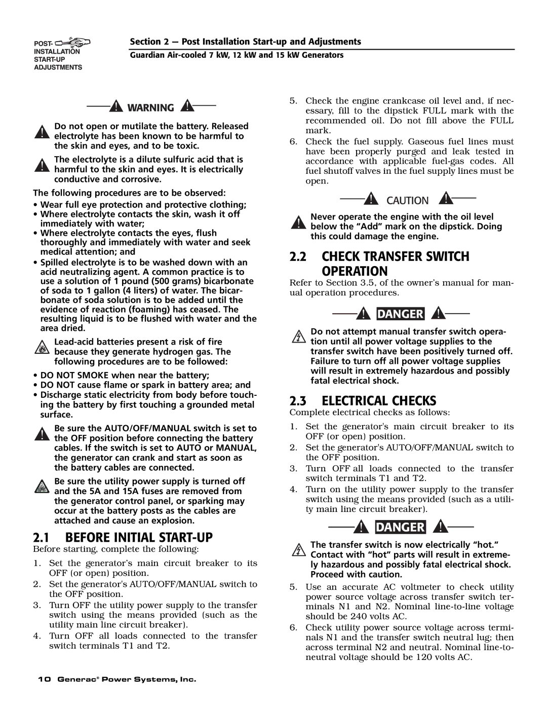 Generac Power Systems 04389-2, 04456-2, 04390-2 owner manual Before Initial START-UP, Check Transfer Switch Operation 