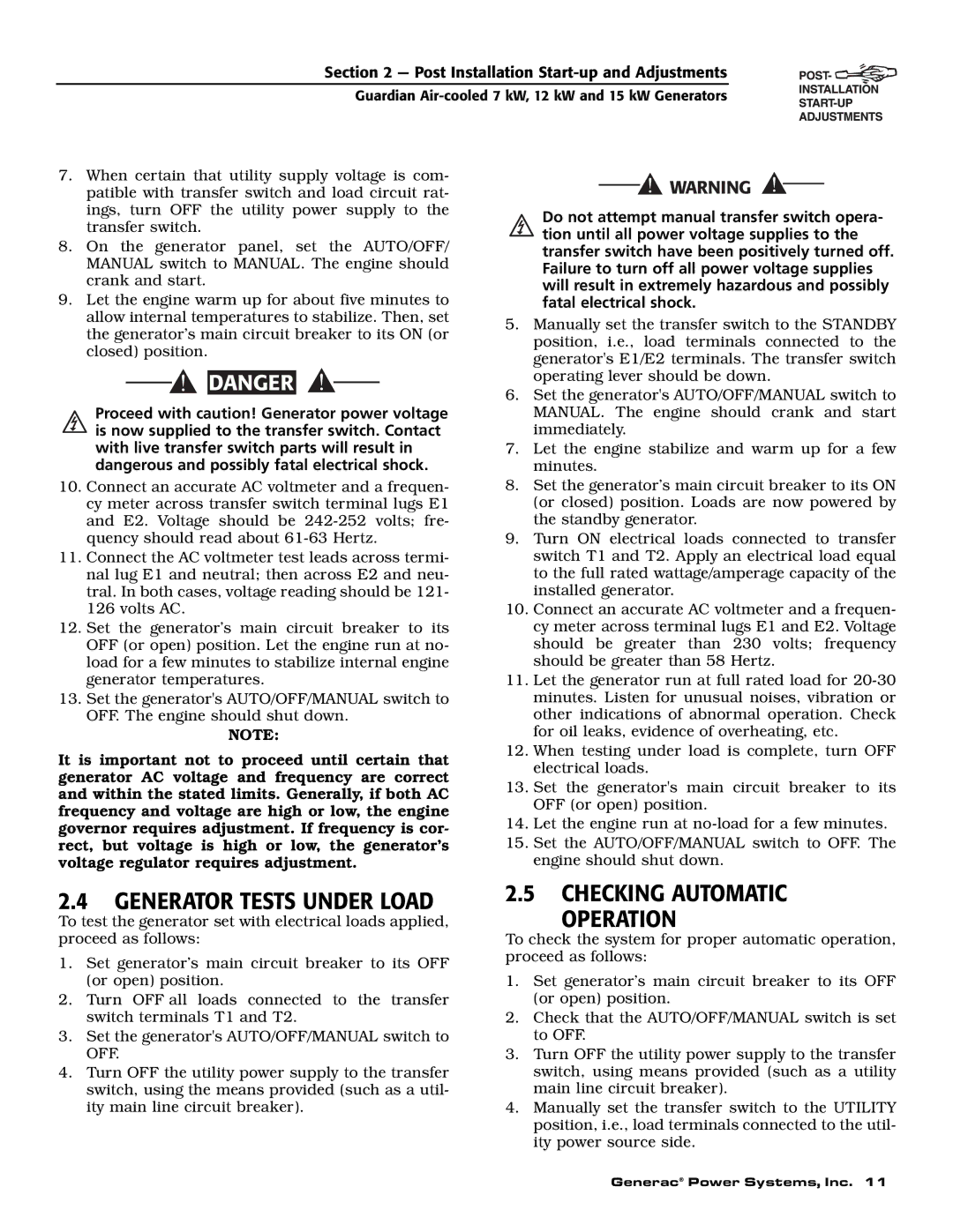 Generac Power Systems 04389-2, 04456-2, 04390-2 owner manual Generator Tests Under Load, Checking Automatic Operation 