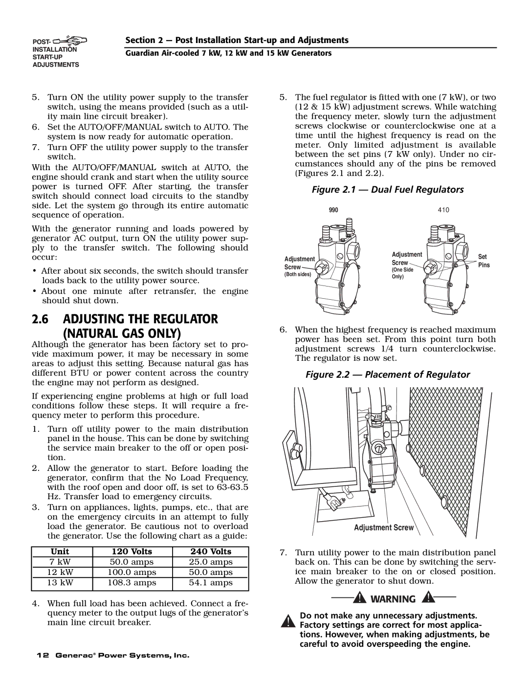 Generac Power Systems 04389-2, 04456-2, 04390-2 owner manual Adjusting the Regulator Natural GAS only, Adjustment Screw 