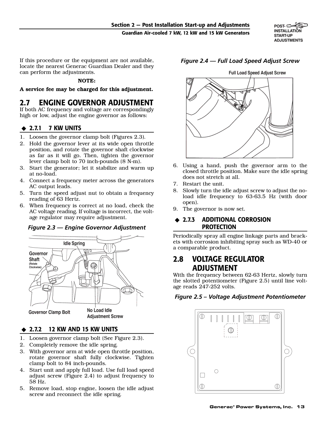 Generac Power Systems 04389-2, 04456-2, 04390-2 Engine Governor Adjustment, Voltage Regulator Adjustment, 1 7 KW Units 