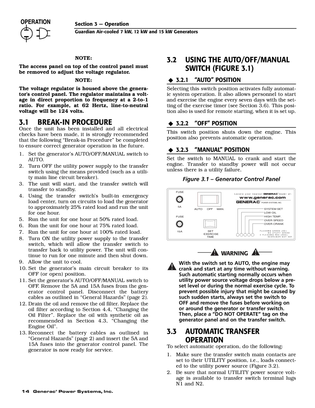 Generac Power Systems 04389-2, 04456-2, 04390-2 BREAK-IN Procedure, Automatic Transfer Operation, ‹ 3.2.1 Auto Position 