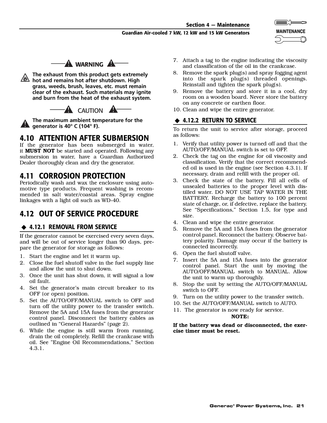 Generac Power Systems 04389-2, 04456-2, 04390-2 Corrosion Protection, OUT of Service Procedure, ‹ 4.12.2 Return to Service 