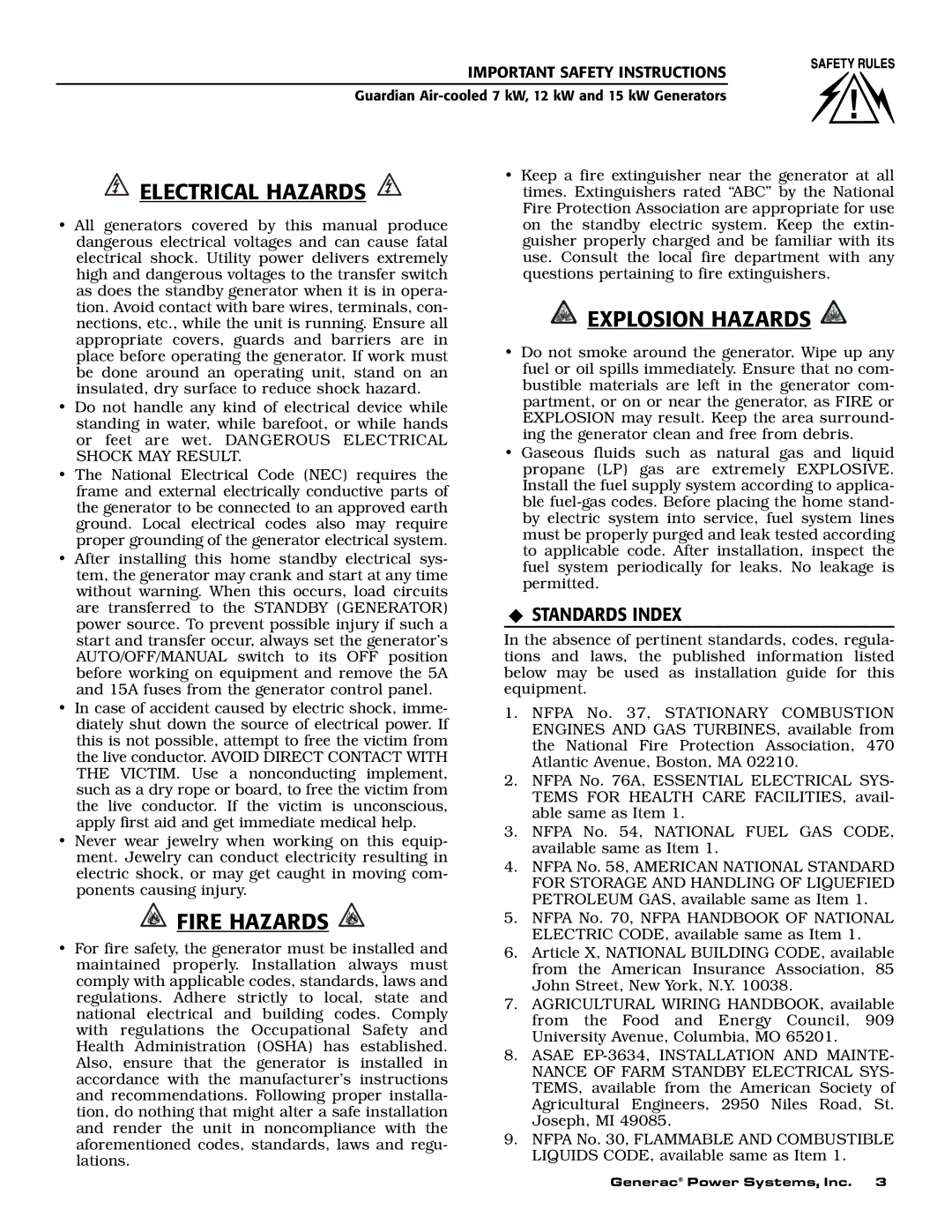 Generac Power Systems 04389-2, 04456-2, 04390-2 owner manual Electrical Hazards, ‹ Standards Index 