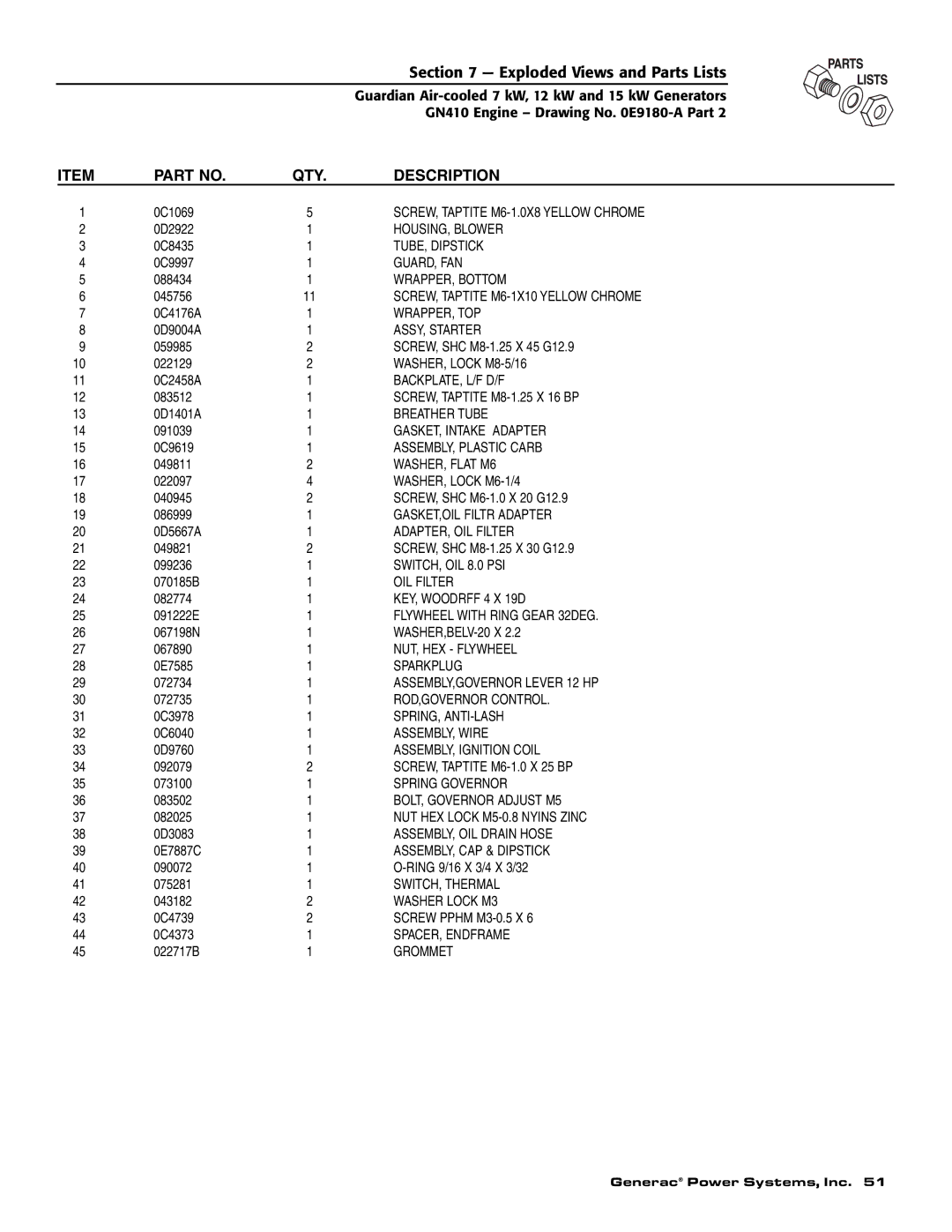 Generac Power Systems 04389-2, 04456-2, 04390-2 owner manual SCREW, Taptite M6-1.0X8 Yellow Chrome 