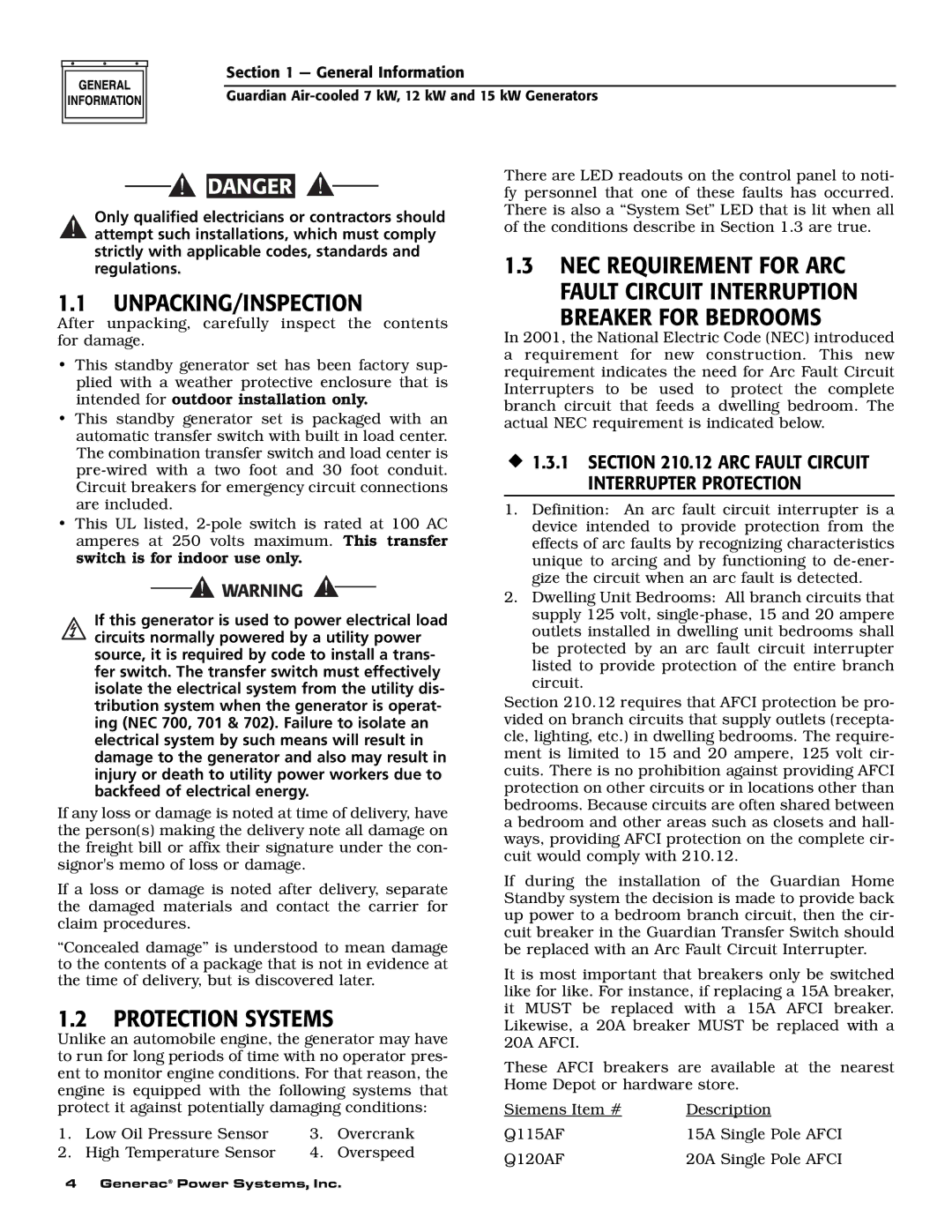 Generac Power Systems 04389-2, 04456-2, 04390-2 owner manual Unpacking/Inspection, Protection Systems, Breaker for Bedrooms 