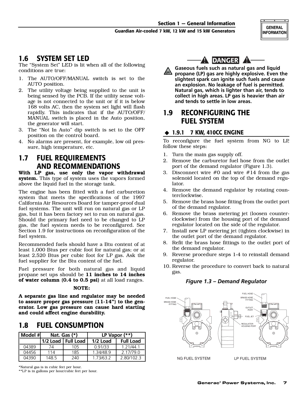 Generac Power Systems 04389-2, 04456-2, 04390-2 System SET LED, Fuel Requirements Recommendations, Fuel Consumption 