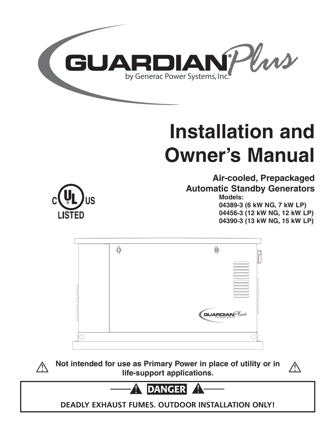 Generac Power Systems 04389-3, 04456-3, 04390-3 owner manual US Listed 