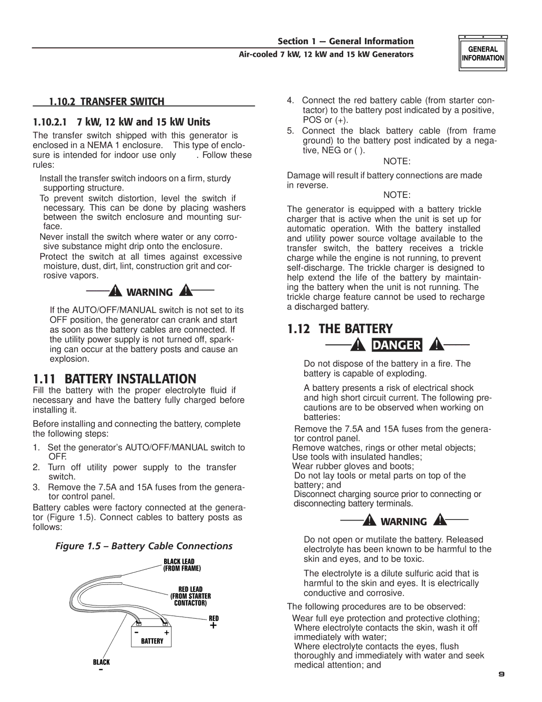 Generac Power Systems 04389-3, 04456-3, 04390-3 owner manual Battery Installation, ‹ 1.10.2 Transfer Switch 