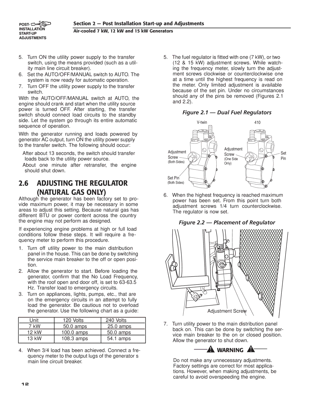 Generac Power Systems 04389-3, 04456-3, 04390-3 owner manual Adjusting the Regulator Natural GAS only, Adjustment Screw 