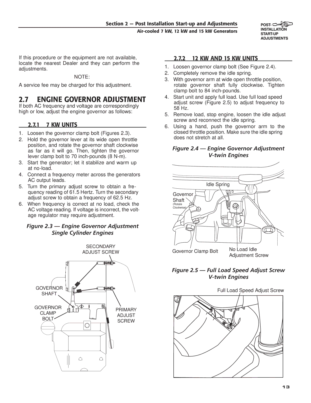 Generac Power Systems 04389-3, 04456-3, 04390-3 owner manual Engine Governor Adjustment, ‹ 2.7.2 12 KW and 15 KW Units 