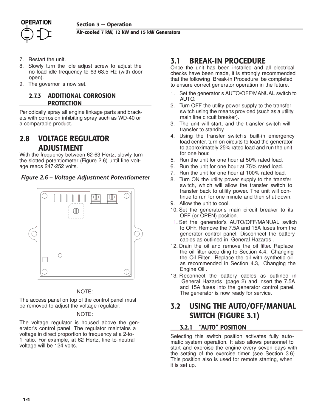 Generac Power Systems 04389-3, 04456-3, 04390-3 Voltage Regulator Adjustment, BREAK-IN Procedure, ‹ 3.2.1 Auto Position 