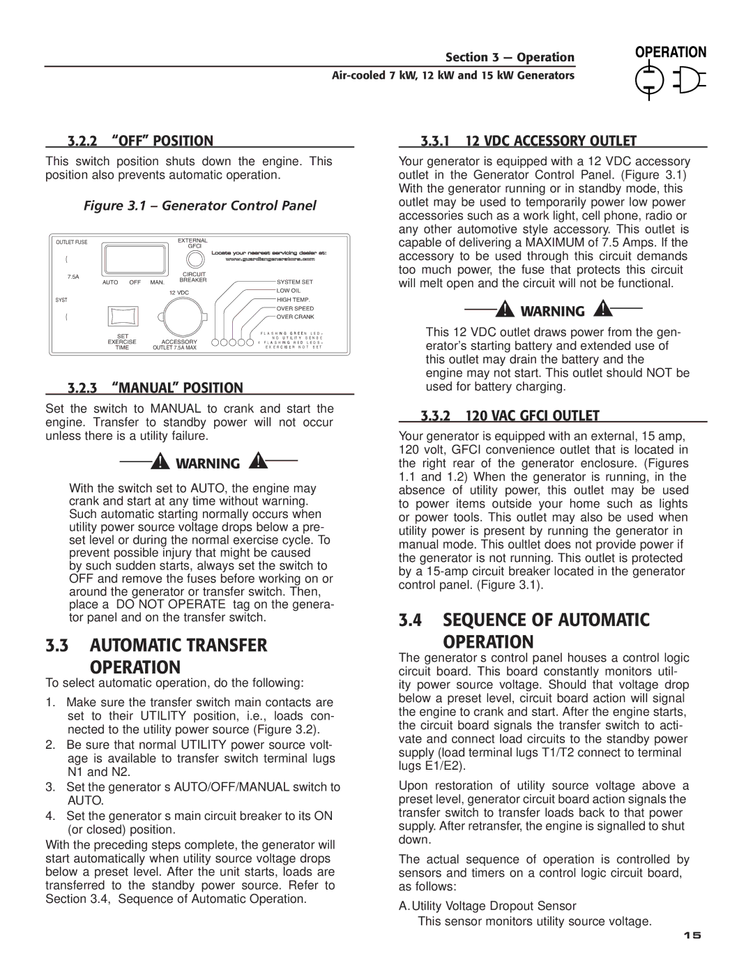 Generac Power Systems 04389-3, 04456-3, 04390-3 owner manual Automatic Transfer Operation, Sequence of Automatic Operation 