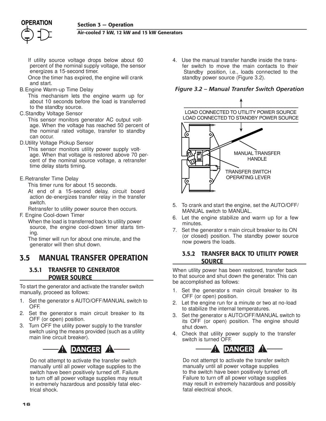 Generac Power Systems 04389-3, 04456-3, 04390-3 Manual Transfer Operation, ‹ 3.5.2 Transfer Back to Utility Power Source 