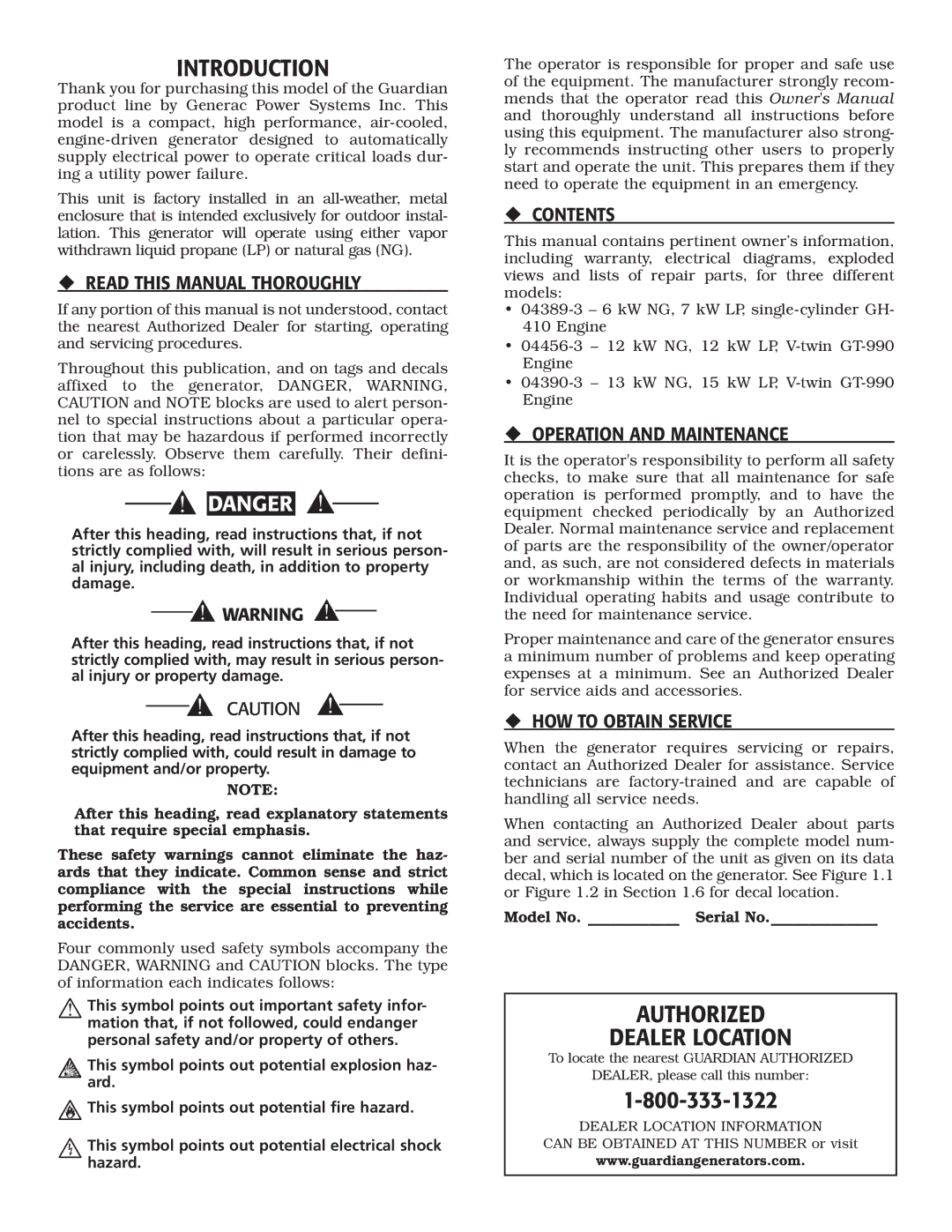 Generac Power Systems 04389-3, 04456-3, 04390-3 owner manual Introduction, Authorized Dealer Location 