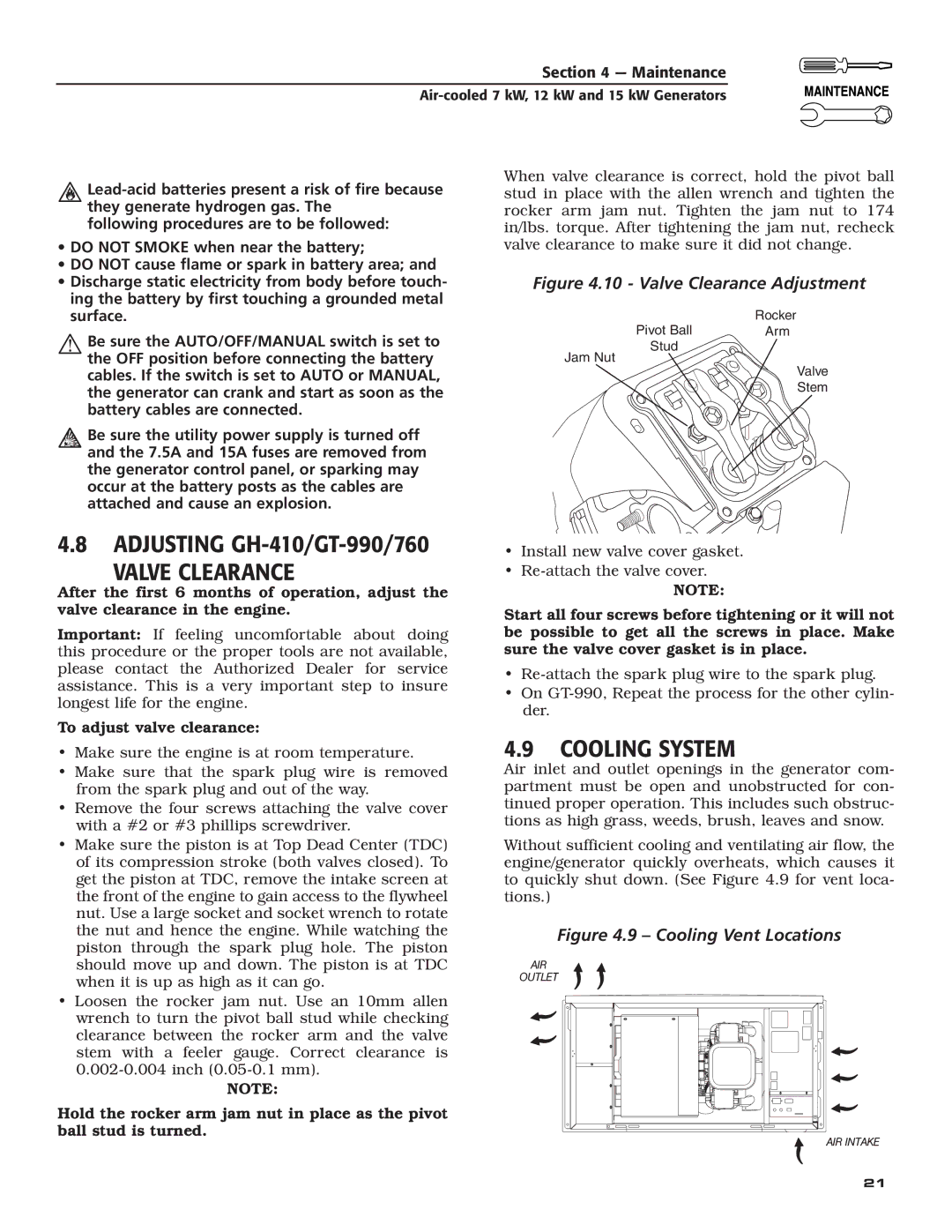 Generac Power Systems 04389-3, 04456-3, 04390-3 owner manual Valve Clearance, Cooling System 