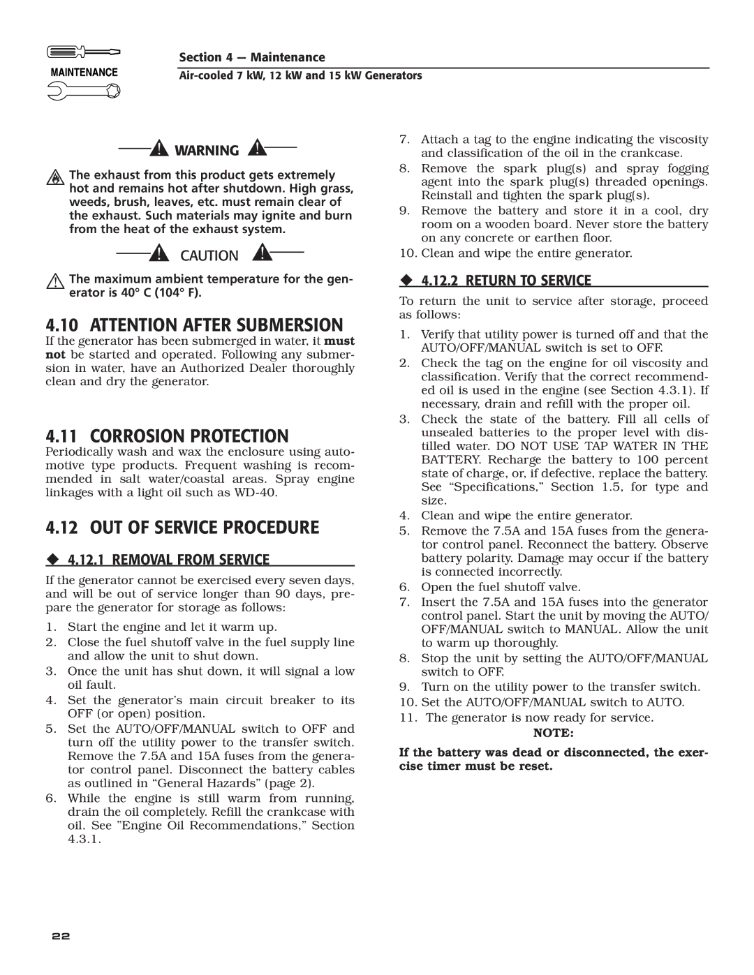 Generac Power Systems 04389-3, 04456-3, 04390-3 Corrosion Protection, OUT of Service Procedure, ‹ 4.12.2 Return to Service 