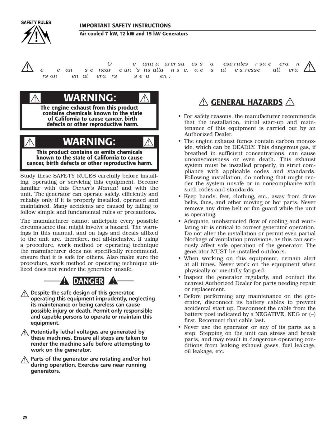 Generac Power Systems 04389-3, 04456-3, 04390-3 owner manual  Warning  