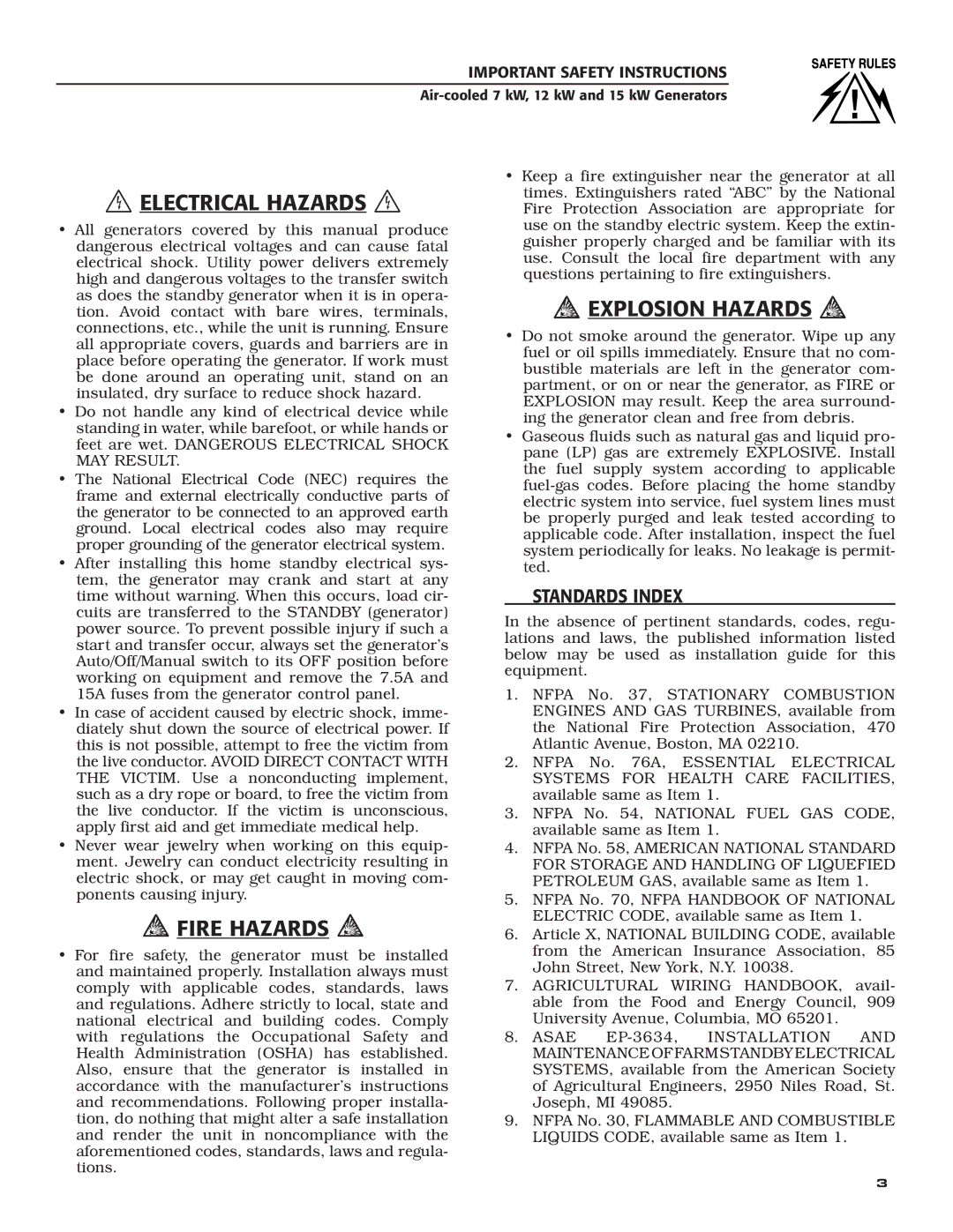 Generac Power Systems 04389-3, 04456-3, 04390-3 owner manual  Electrical Hazards , ‹ Standards Index 