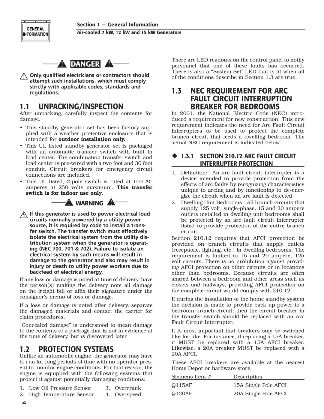 Generac Power Systems 04389-3, 04456-3, 04390-3 owner manual Unpacking/Inspection, Protection Systems, Breaker for Bedrooms 