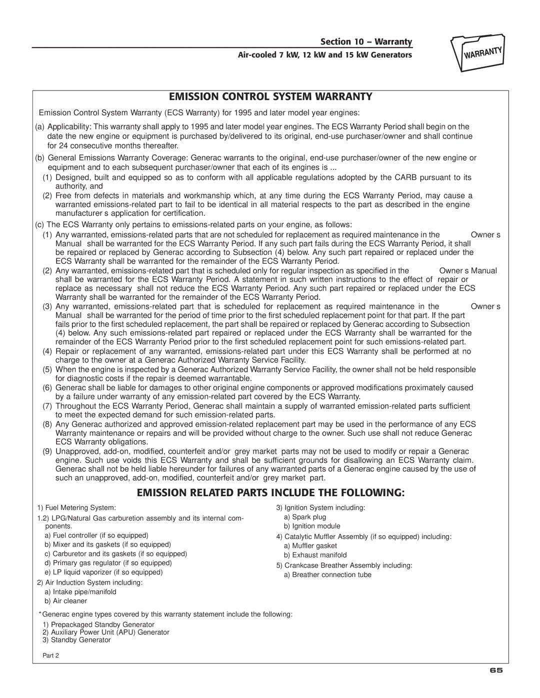 Generac Power Systems 04389-3, 04456-3, 04390-3 owner manual Emission Control System Warranty 