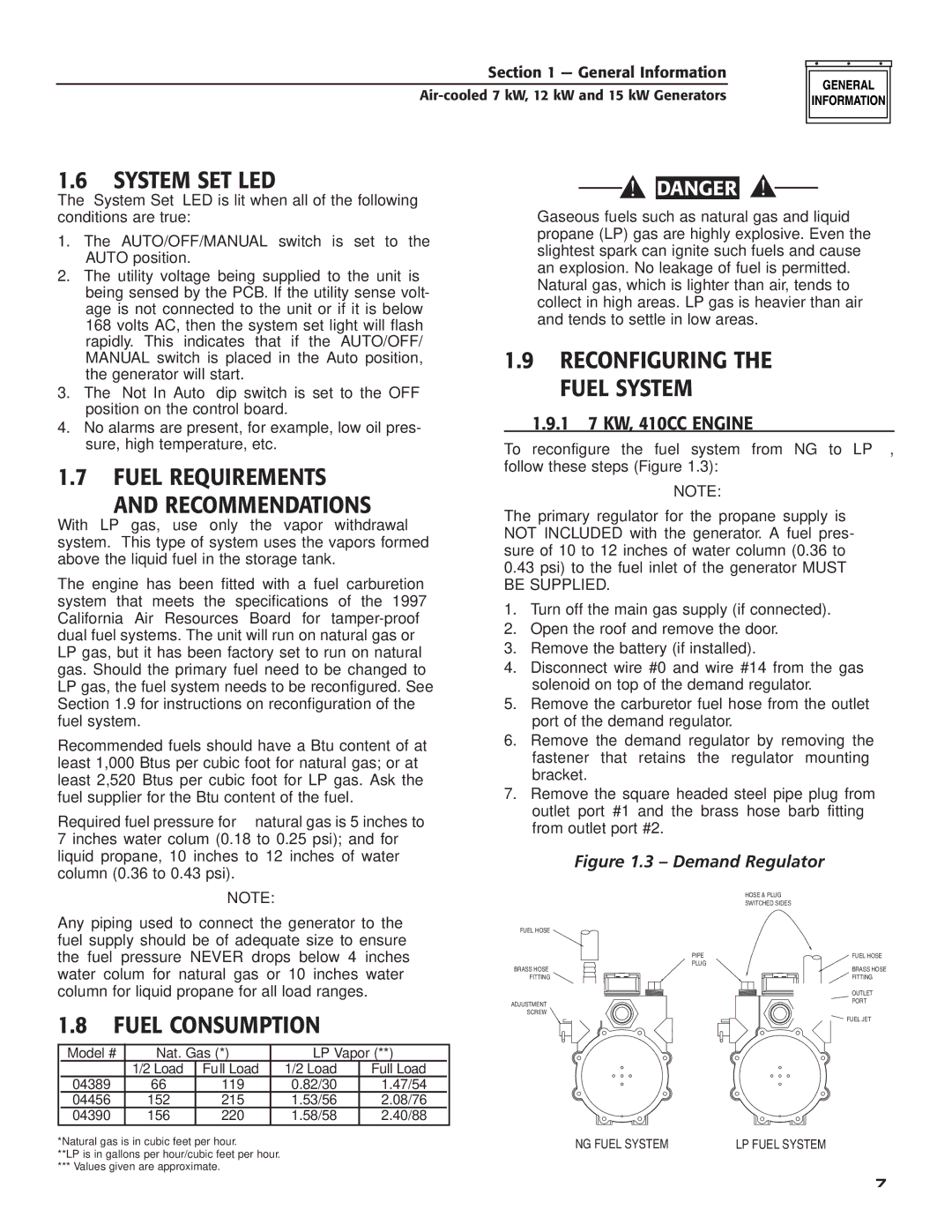 Generac Power Systems 04389-3, 04456-3, 04390-3 System SET LED, Fuel Requirements Recommendations, Fuel Consumption 