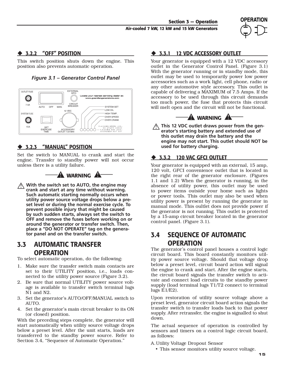 Generac Power Systems 04389-3, 04456-3, 04390-3 owner manual Automatic Transfer Operation, Sequence Of Automatic Operation 