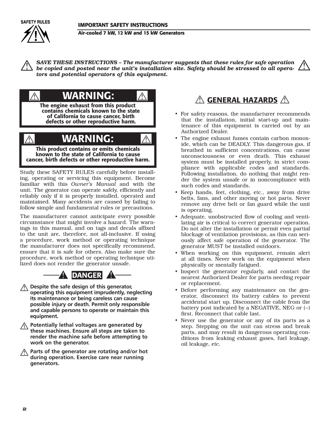 Generac Power Systems 04389-3, 04456-3, 04390-3  General Hazards ,  Warning , Danger, Important Safety Instructions 