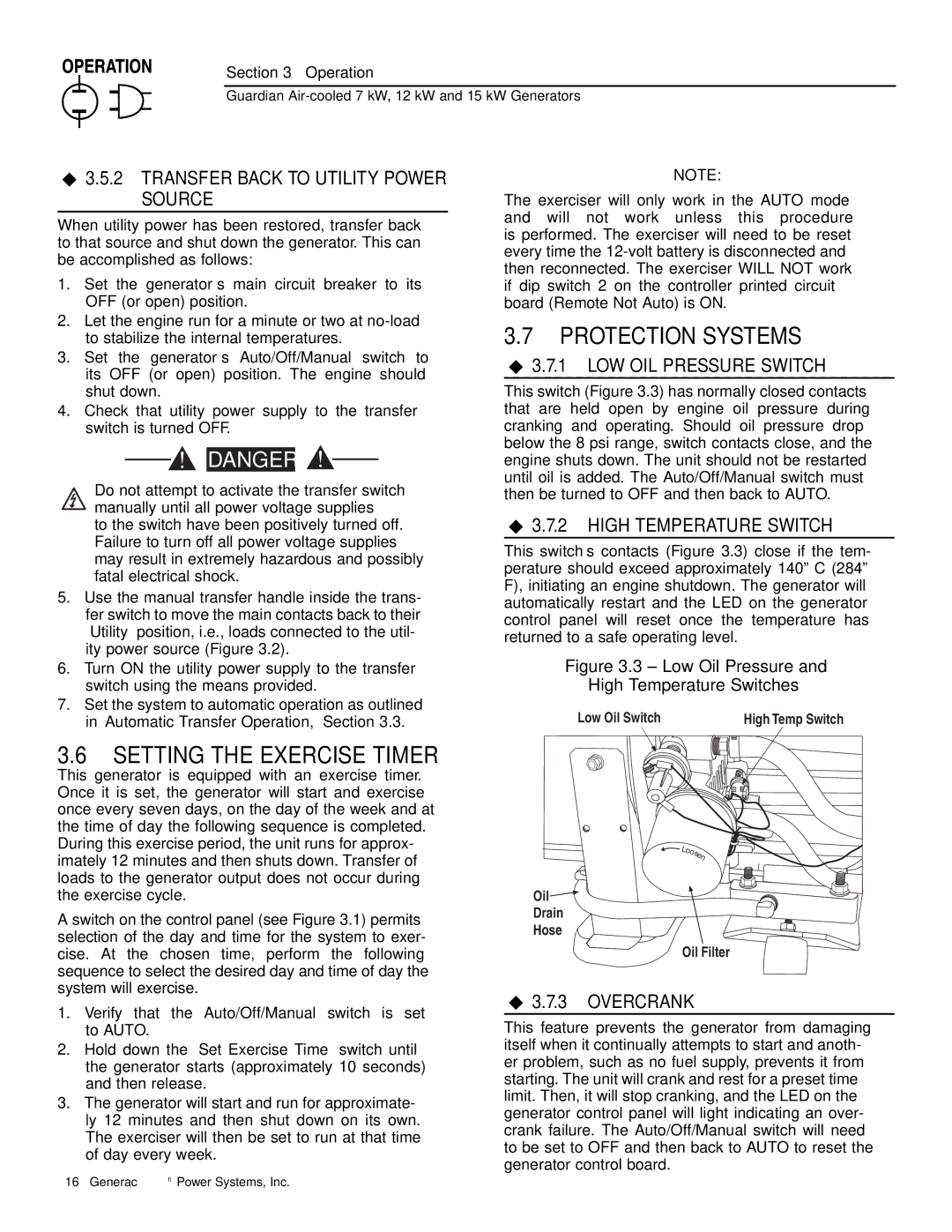 Generac Power Systems 04390-1 Setting the Exercise Timer, ‹ 3.5.2 Transfer Back to Utility Power Source, ‹ 3.7.3 Overcrank 