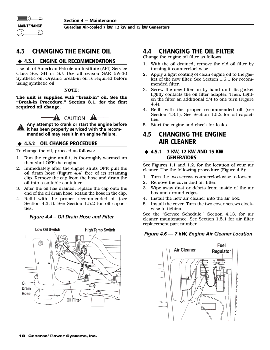 Generac Power Systems 04389-1 Changing the Engine OIL, Changing the OIL Filter, ‹ 4.3.1 Engine OIL Recommendations 