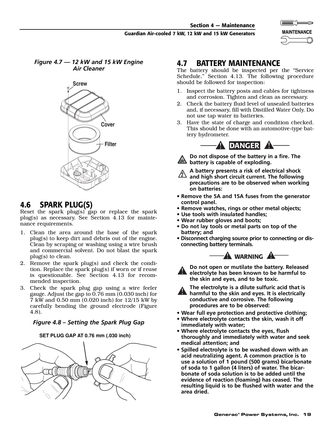 Generac Power Systems 04390-1, 04456-1, 04389-1 owner manual Spark Plugs, Battery Maintenance 