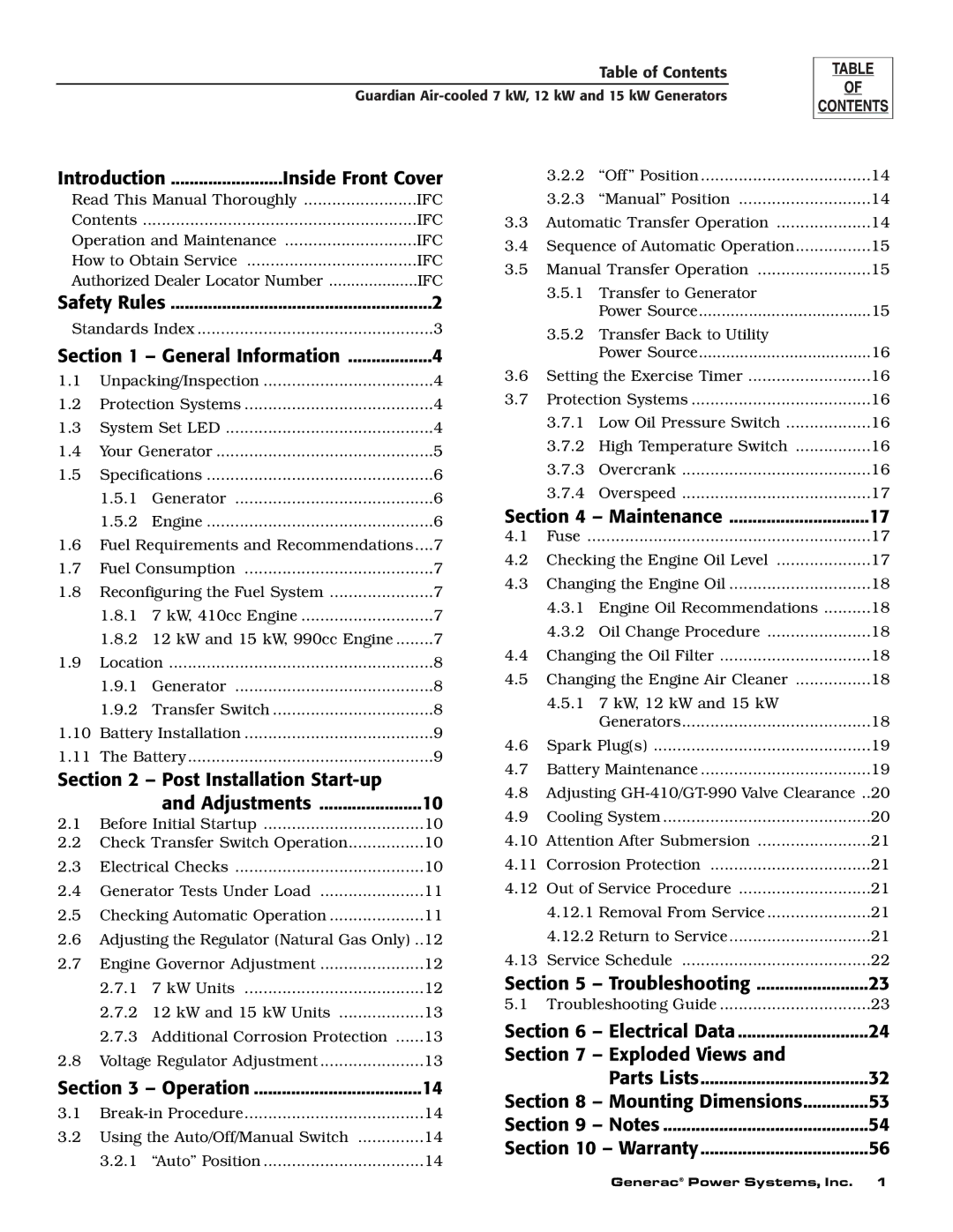 Generac Power Systems 04390-1 Introduction Inside Front Cover, General Information, Post Installation Start-up Adjustments 