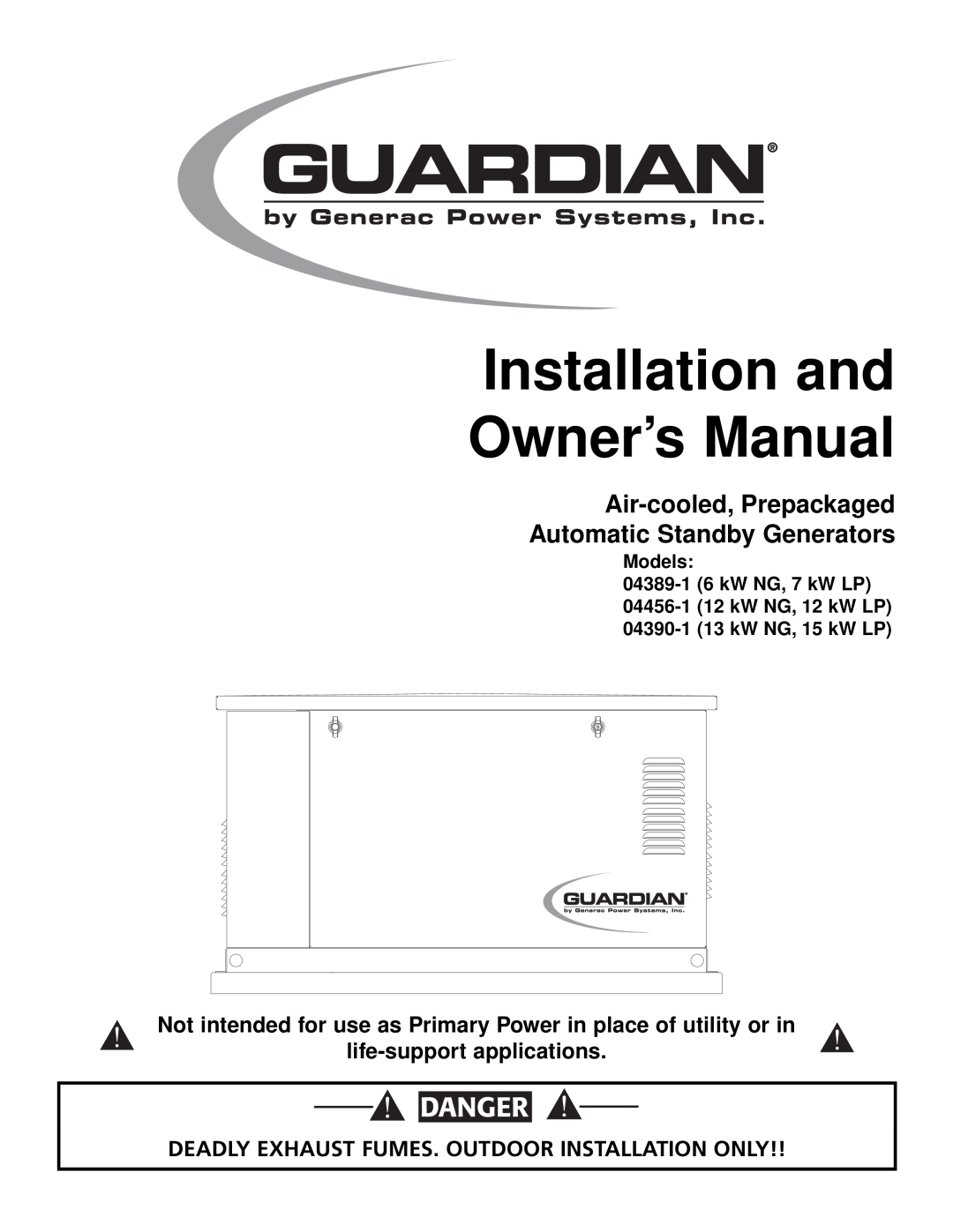 Generac Power Systems 04456-1 owner manual Danger, Air-cooled,Prepackaged, Automatic Standby Generators, Generac R 
