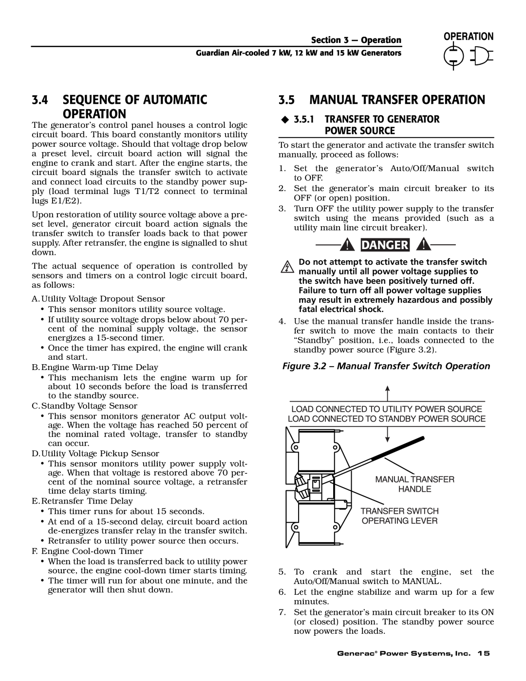 Generac Power Systems 04389-1, 04390-1, 04456-1 3.4SEQUENCE OF AUTOMATIC OPERATION, 3.5MANUAL TRANSFER OPERATION, Danger 