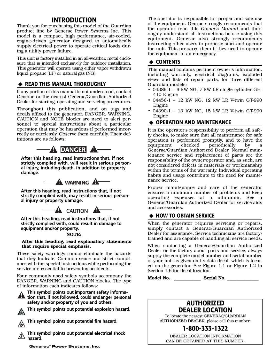 Generac Power Systems 04389-1 Introduction, Authorized Dealer Location, Danger, ‹Read This Manual Thoroughly, ‹Contents 