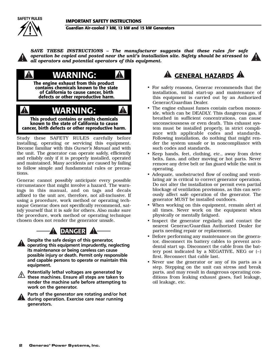 Generac Power Systems 04456-1, 04390-1, 04389-1 owner manual General Hazards, Danger 
