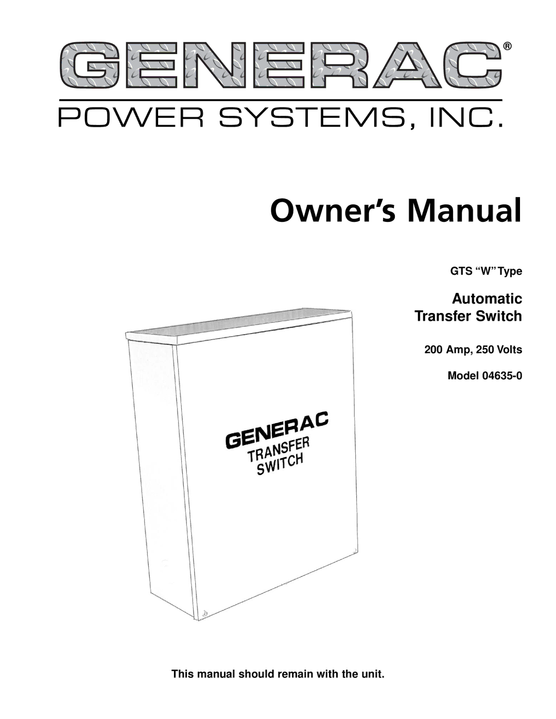 Generac Power Systems 04635-0 owner manual Power SYSTEMS, INC 