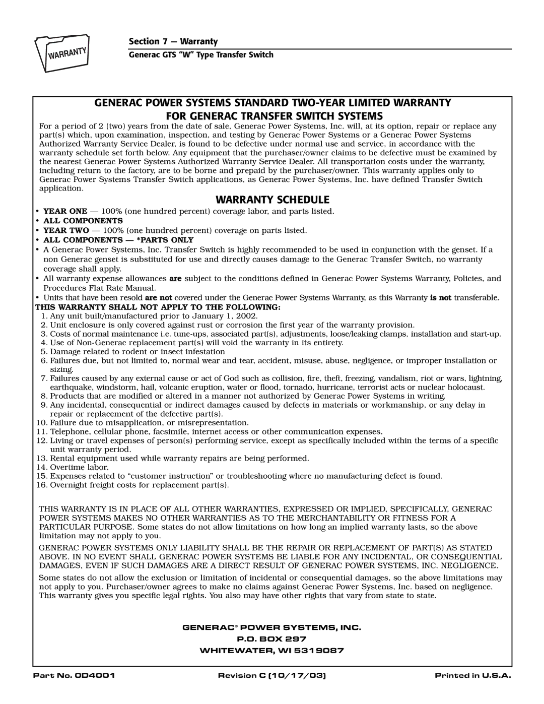 Generac Power Systems 04635-0 owner manual Warranty Schedule 