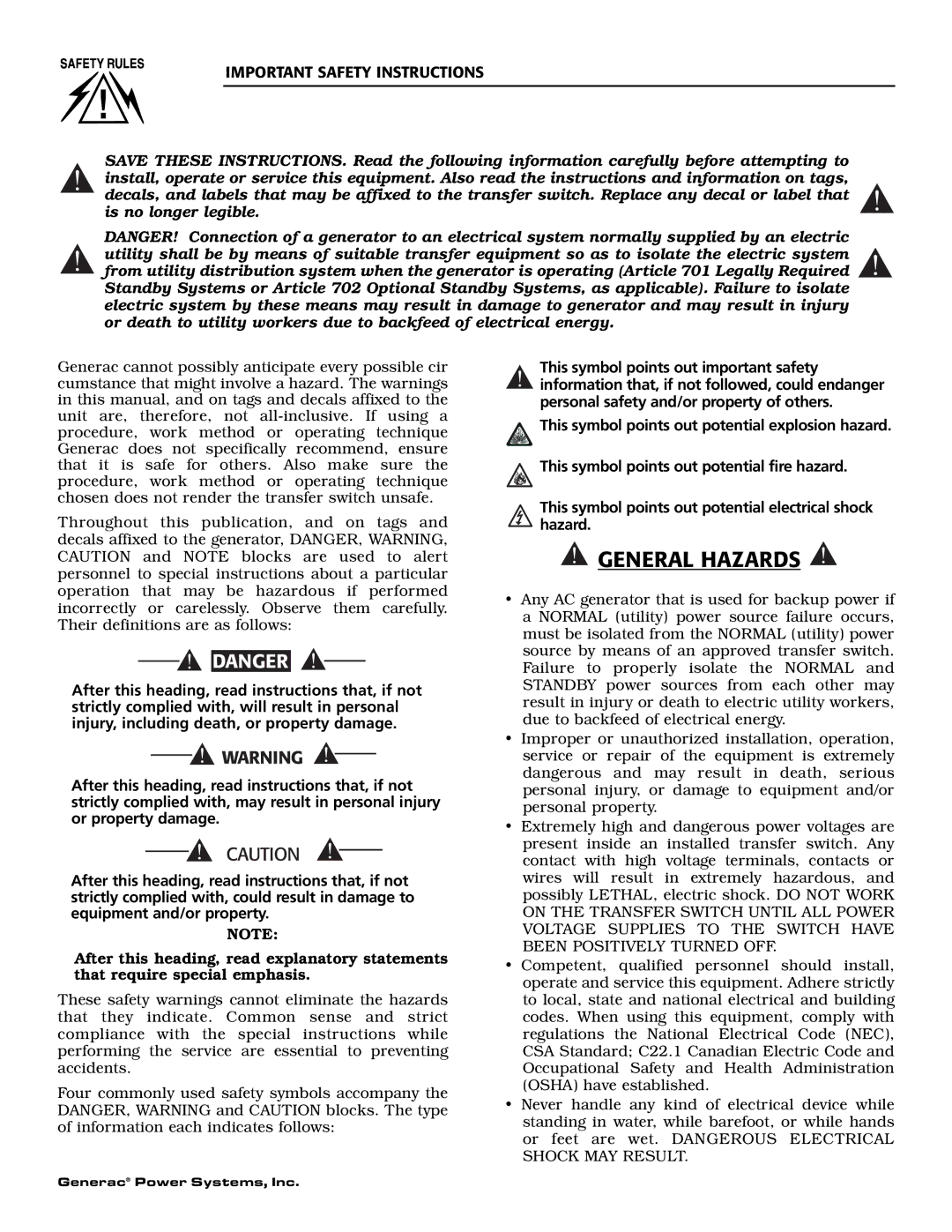 Generac Power Systems 04635-0 owner manual General Hazards 