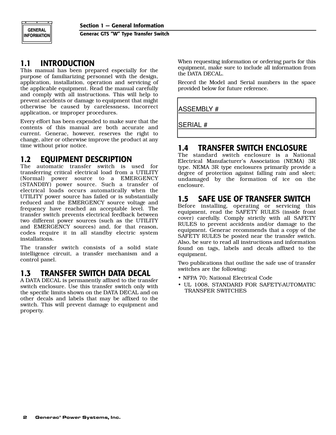 Generac Power Systems 04635-0 Introduction, Transfer Switch Enclosure Equipment Description, Transfer Switch Data Decal 