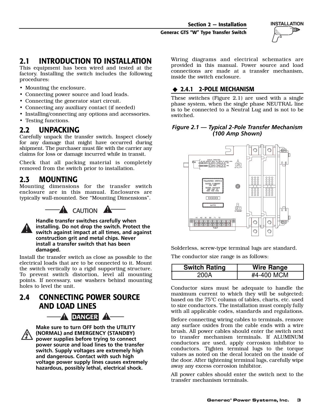 Generac Power Systems 04635-0 Introduction to Installation, Unpacking, Mounting, Connecting Power Source and Load Lines 