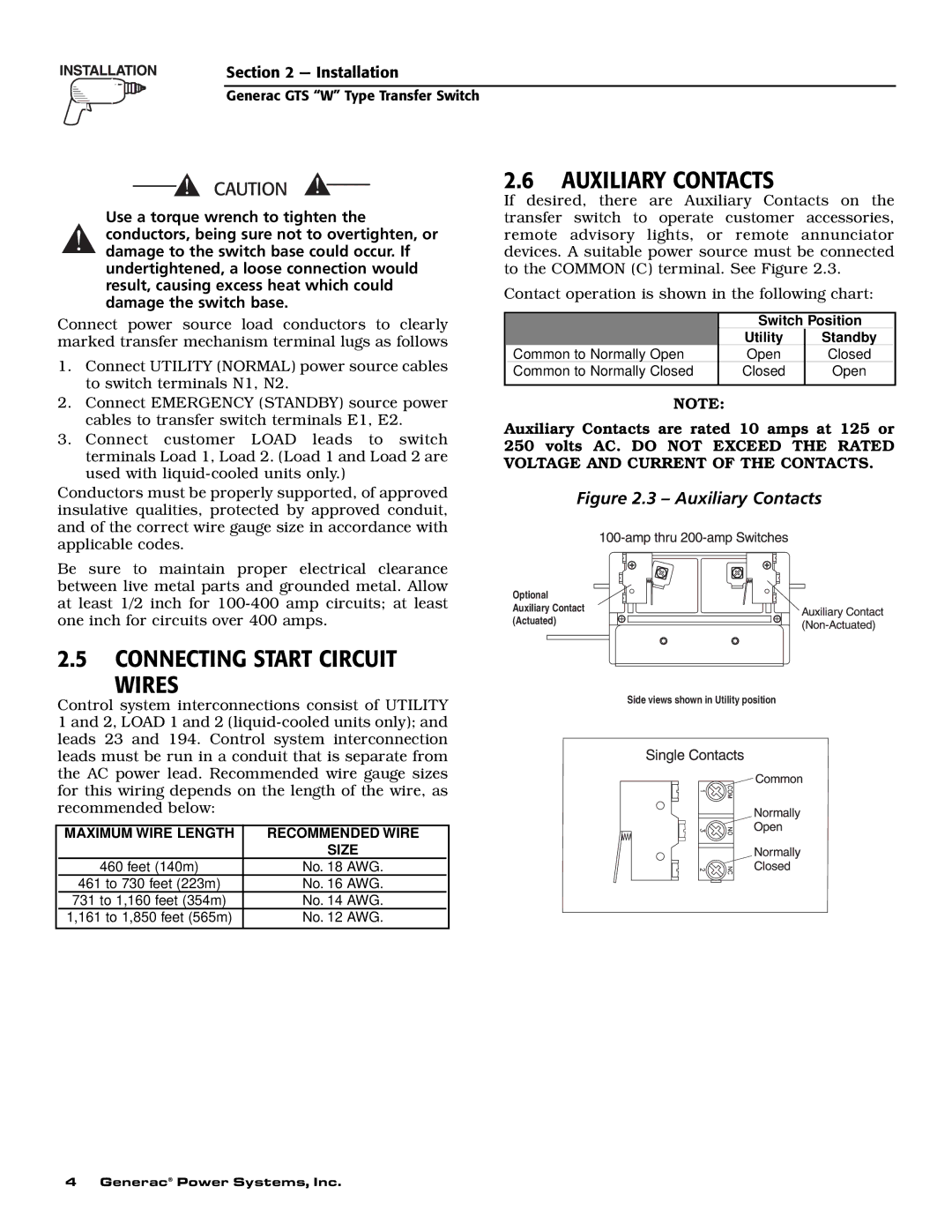 Generac Power Systems 04635-0 owner manual Auxiliary Contacts, Connecting Start Circuit Wires 