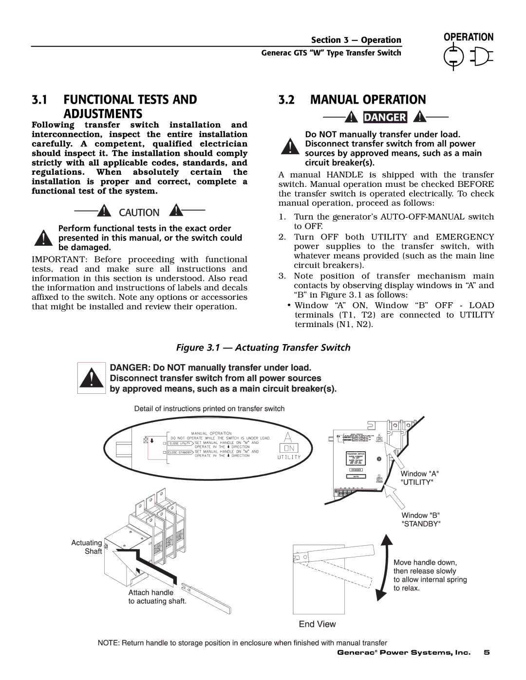 Generac Power Systems 04635-0 owner manual Functional Tests Adjustments, Manual Operation 