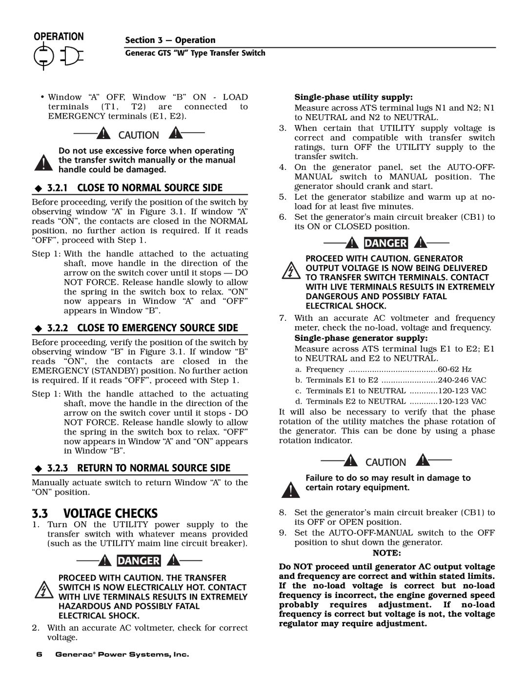 Generac Power Systems 04635-0 owner manual Voltage Checks, Close to Normal Source Side 