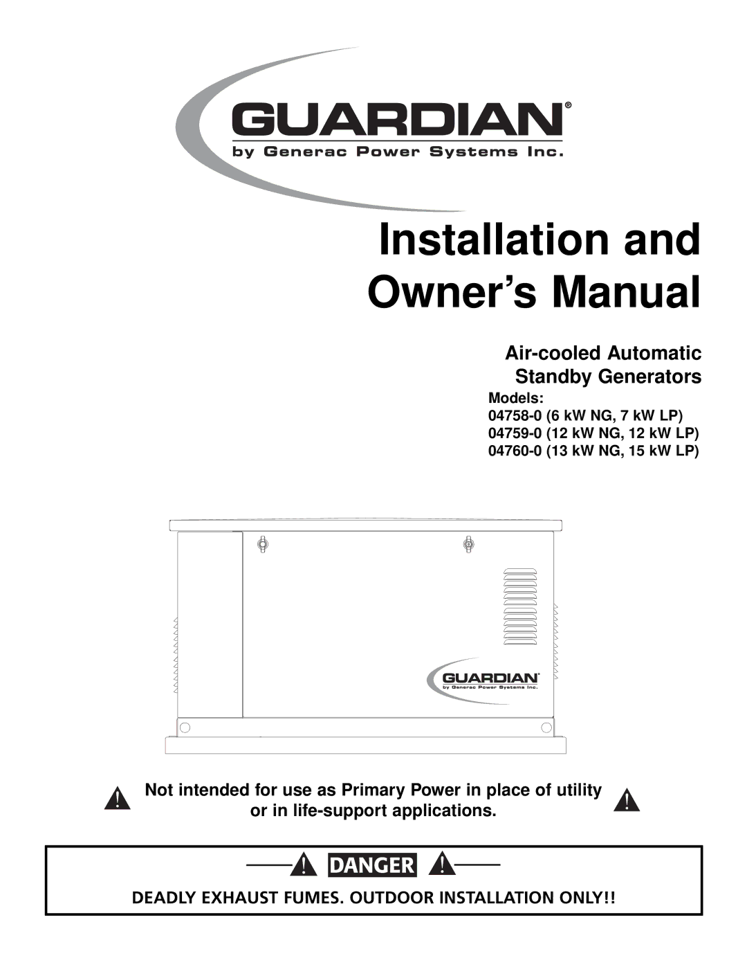 Generac Power Systems 04759-0, 04758-0, 04760-0 owner manual Installation 