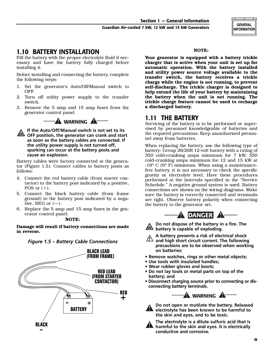 Generac Power Systems 04760-0, 04758-0, 04759-0 owner manual Battery Installation 