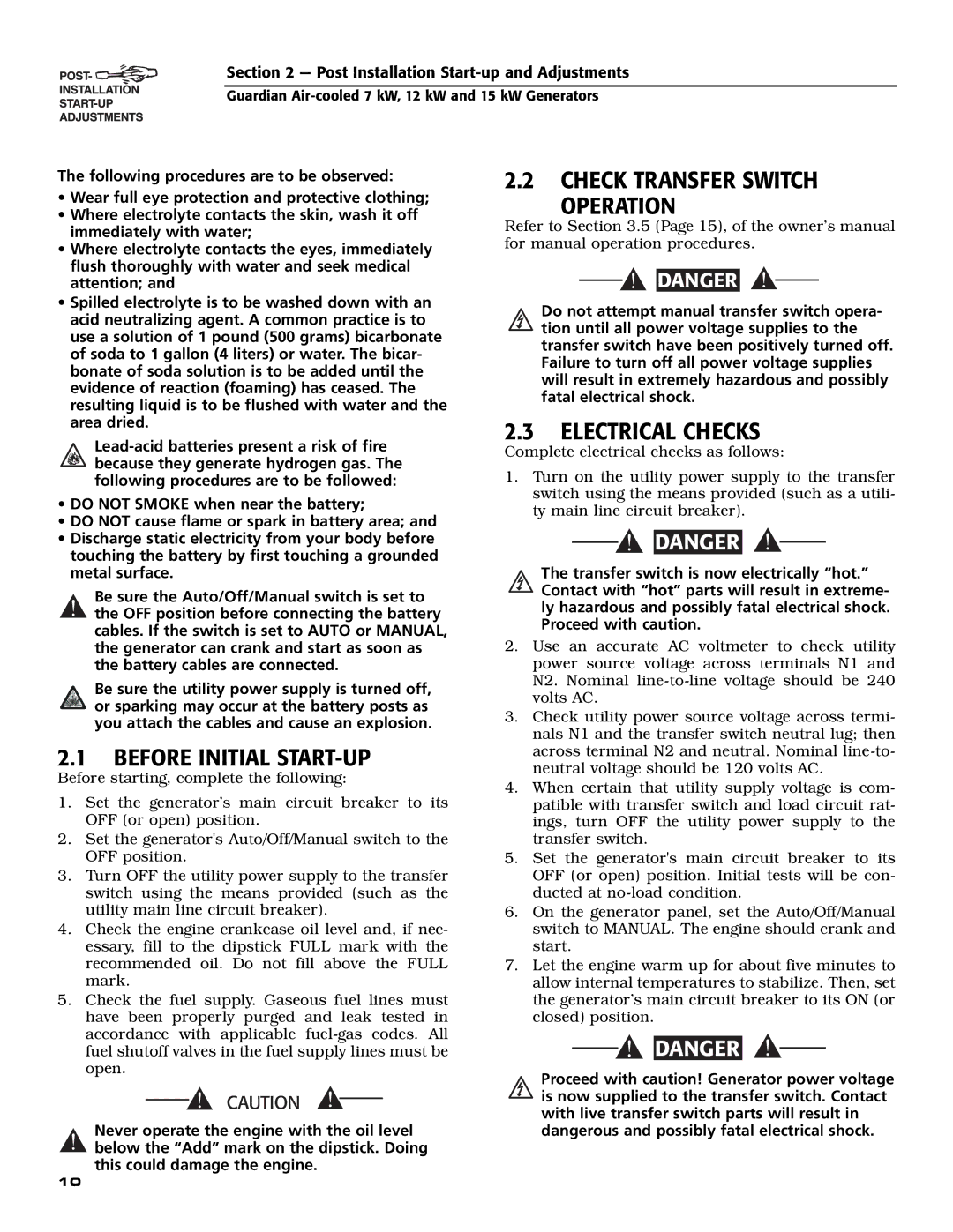 Generac Power Systems 04758-0, 04759-0, 04760-0 Before Initial START-UP, Check Transfer Switch Operation, Electrical Checks 