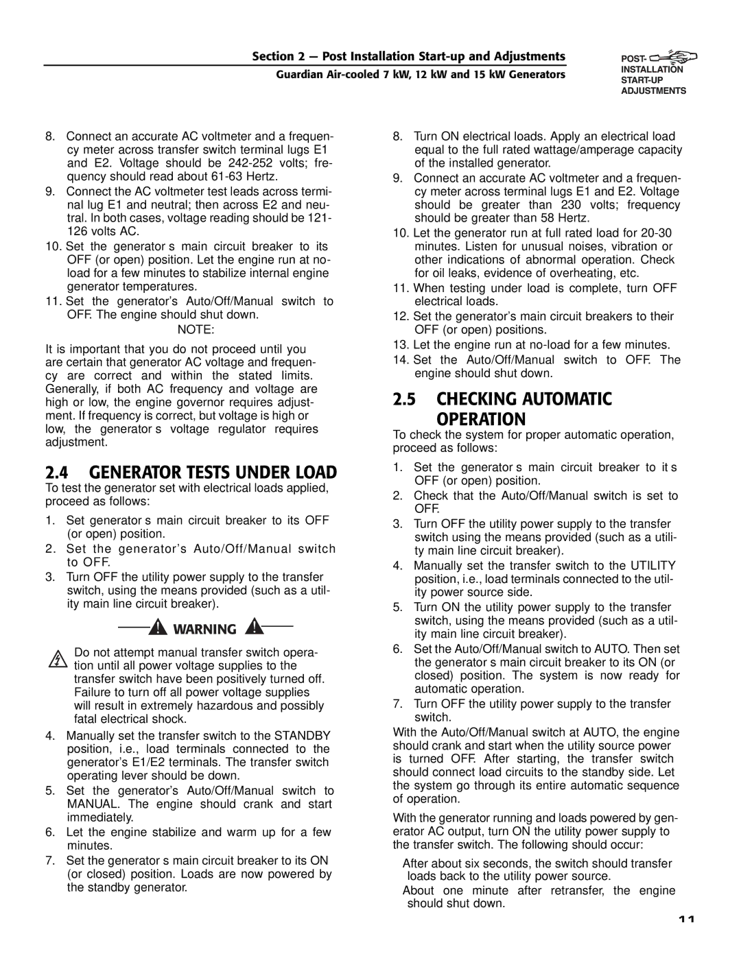 Generac Power Systems 04759-0, 04758-0, 04760-0 owner manual Generator Tests Under Load, Checking Automatic Operation 