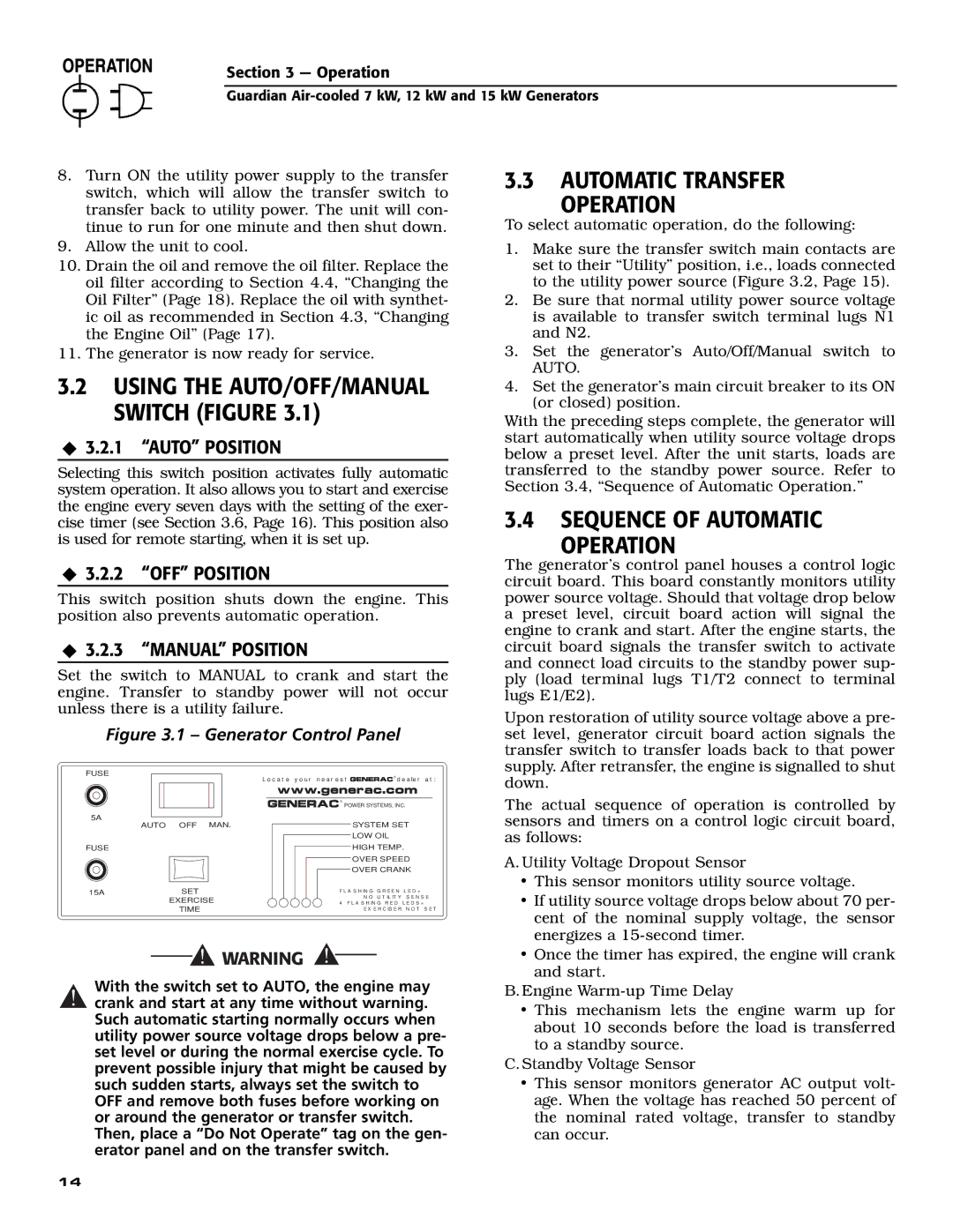 Generac Power Systems 04759-0 Automatic Transfer Operation, Sequence of Automatic Operation, ‹ 3.2.1 Auto Position 